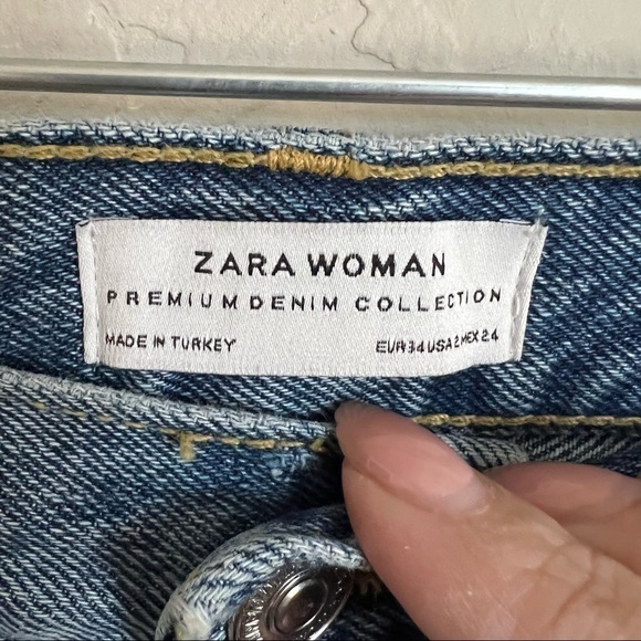 Zara High Rise Button Fly Straight Distressed Gem Bedazzled Raw Hem Denim Jeans - Picture 8 of 14